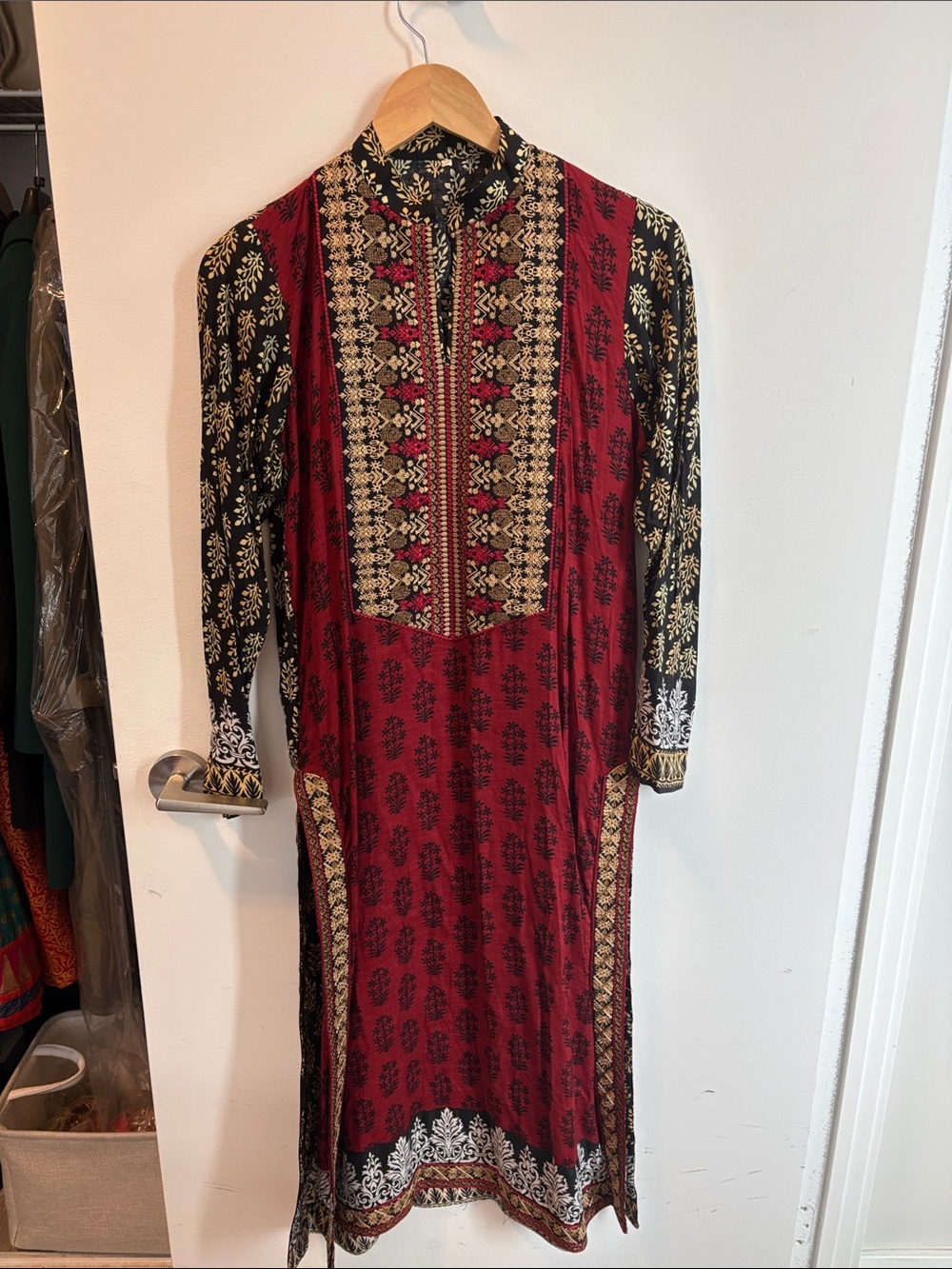 Linen Red and Black Embroidered Long shirt with slits